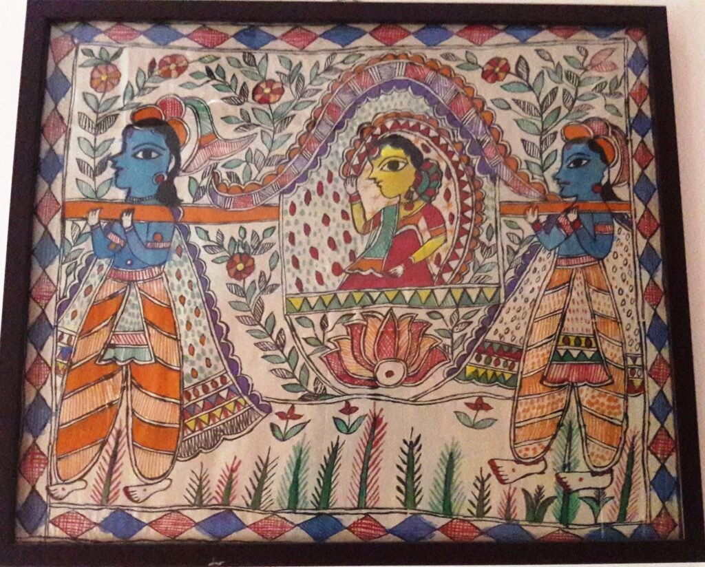 Madhubani folk painting worked in bright natural pigments with dense line detail
